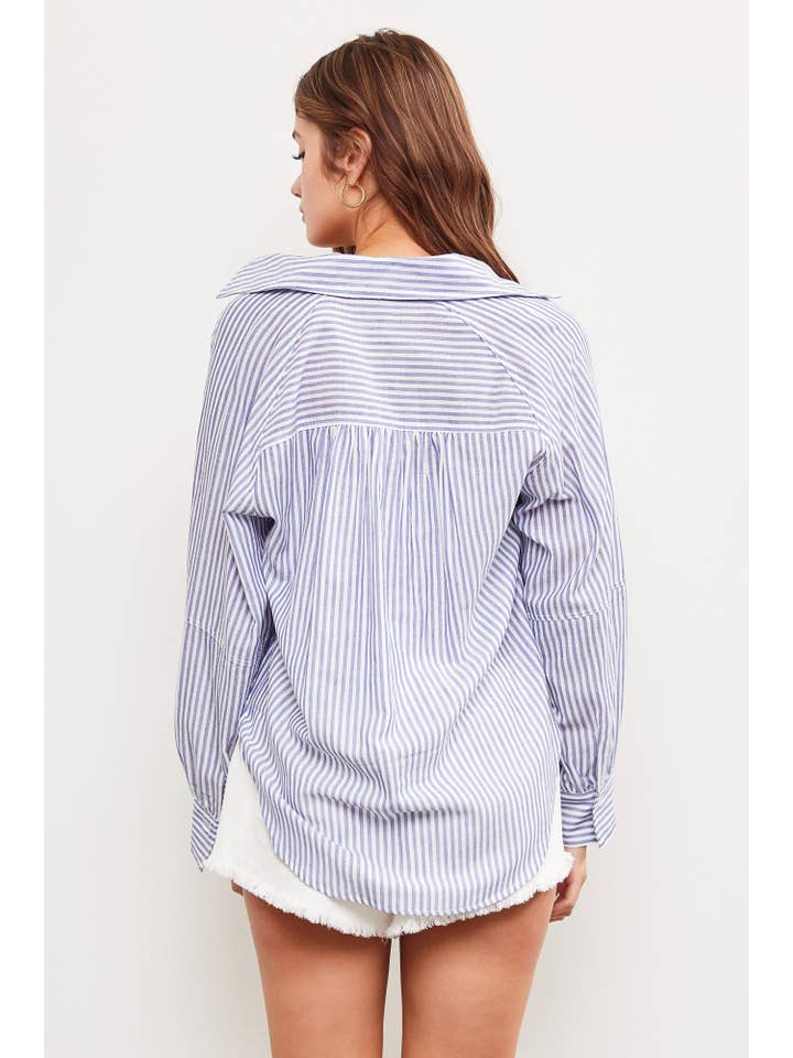 Striped Button Down Shift - Denim Blue