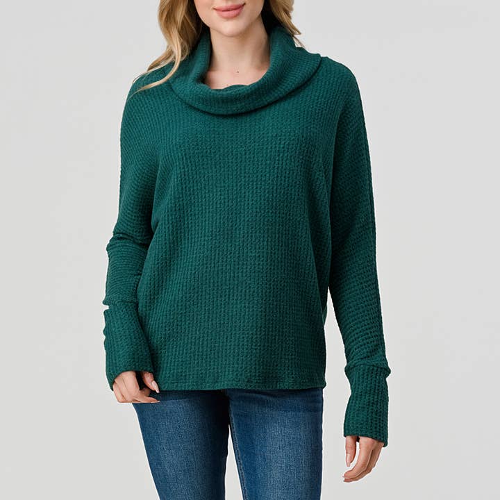 Brushed Knit Cowl Neck Tunic Top - Blue Green