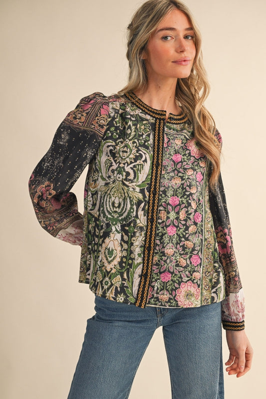 Patchwork Print Button Down - Olive Floral