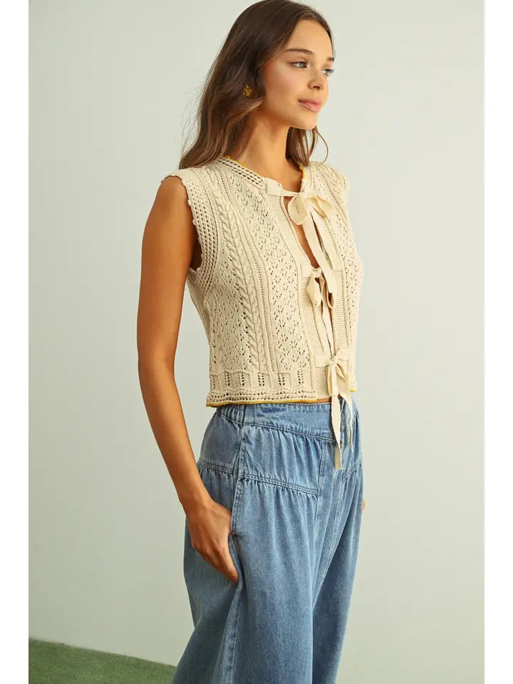Tie Front Crochet Vest - Beige