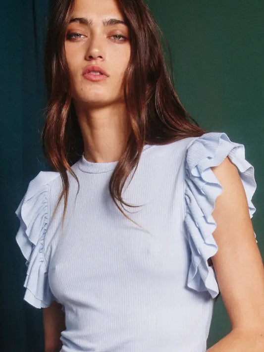 Ruffled Sleeve Cropped Top - Blue