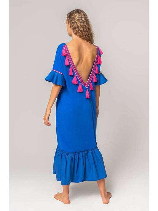 V Back Tassel Dress - Royal Blue