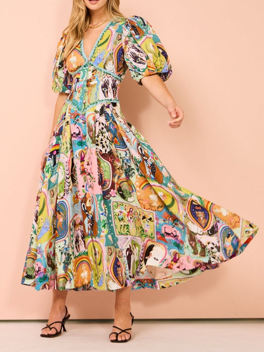 Puff Sleeve Midi Dress - Evergreen Graffiti