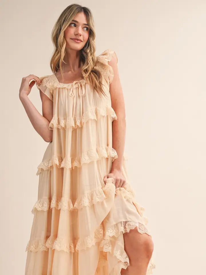 Tiered Lace Trim Maxi Dress - Vanilla Cream