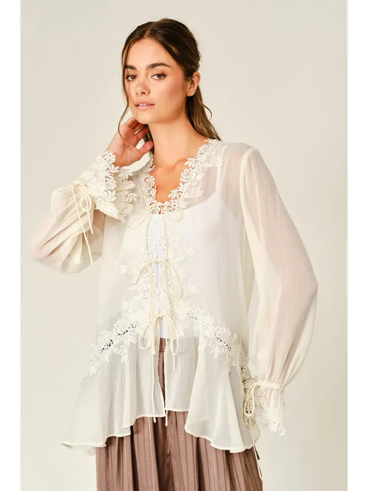 Sheer Lace Ruffle Cardigan Blouse Top - Cream