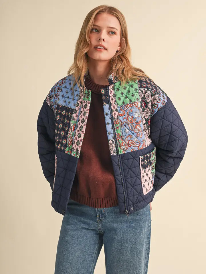 Patchwork Quilted Puff Jacket - Navy