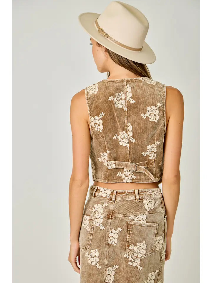 Embroidered Corduroy Vest - Washed Toffee