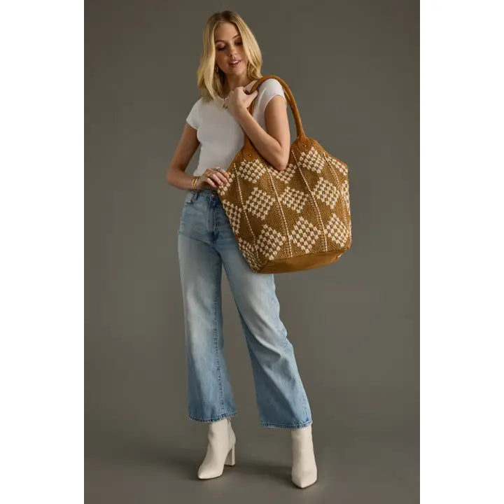Diamond Pattern Tote - Brown & Cream