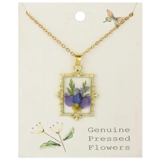 Dried Floral Necklace - Purple Gold Frame