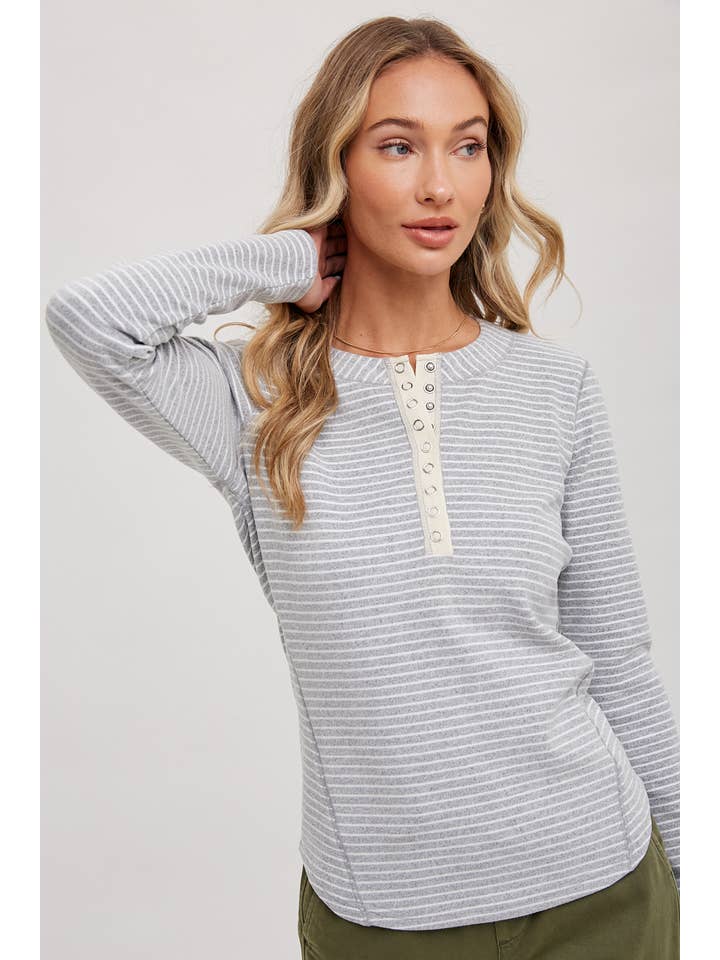 Striped Henley Top - Heather Grey