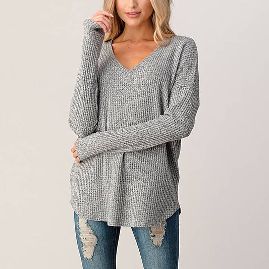 V-Neck Brushed Knit Top - Heather Grey