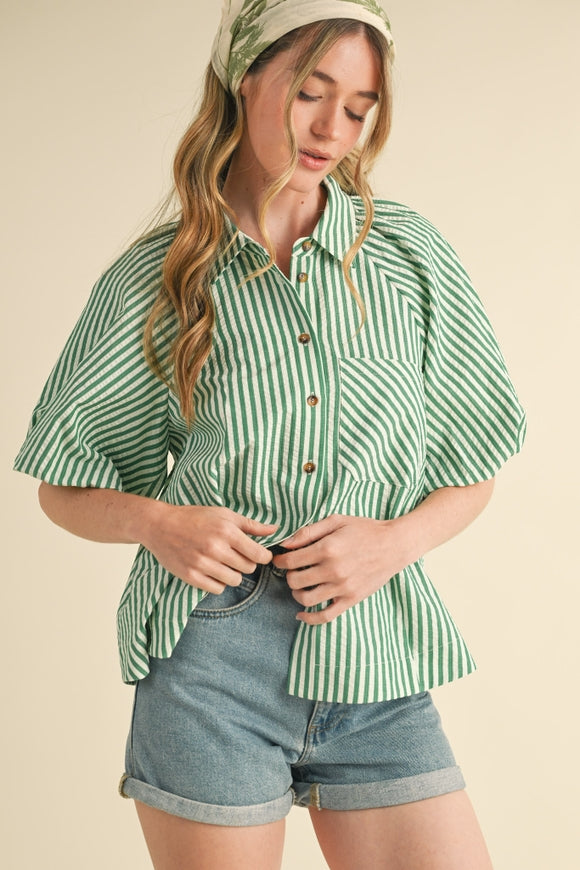 Striped Bubble Sleeve Button Down - Green