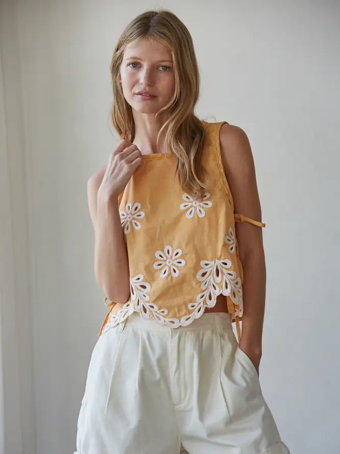 Embroidered Sleeveless Top - Bright Orange