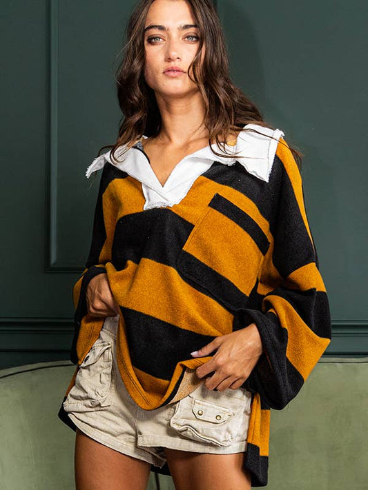 Rugby Stripe Pullover Top - Mustard