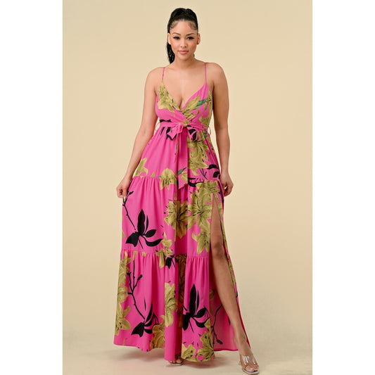 Floral Printed Maxi Dress - Fuschia & Black