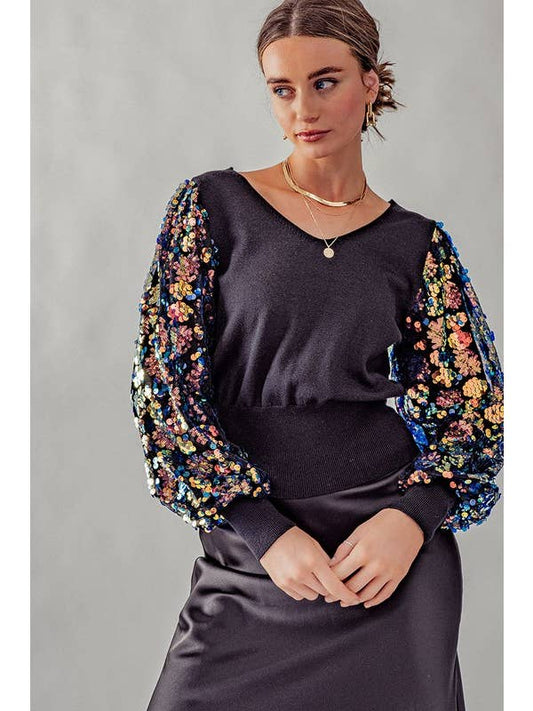 Sequin Puff Sleeves Top - Multi