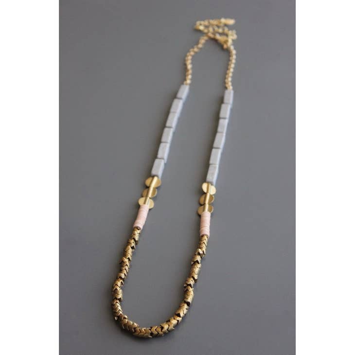 Gray Stone and Brass Snake Bead Necklace