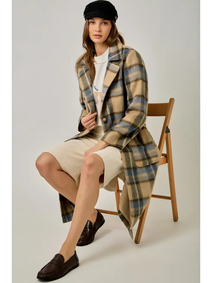 Brushed Plaid Long Coat - Latte Mix