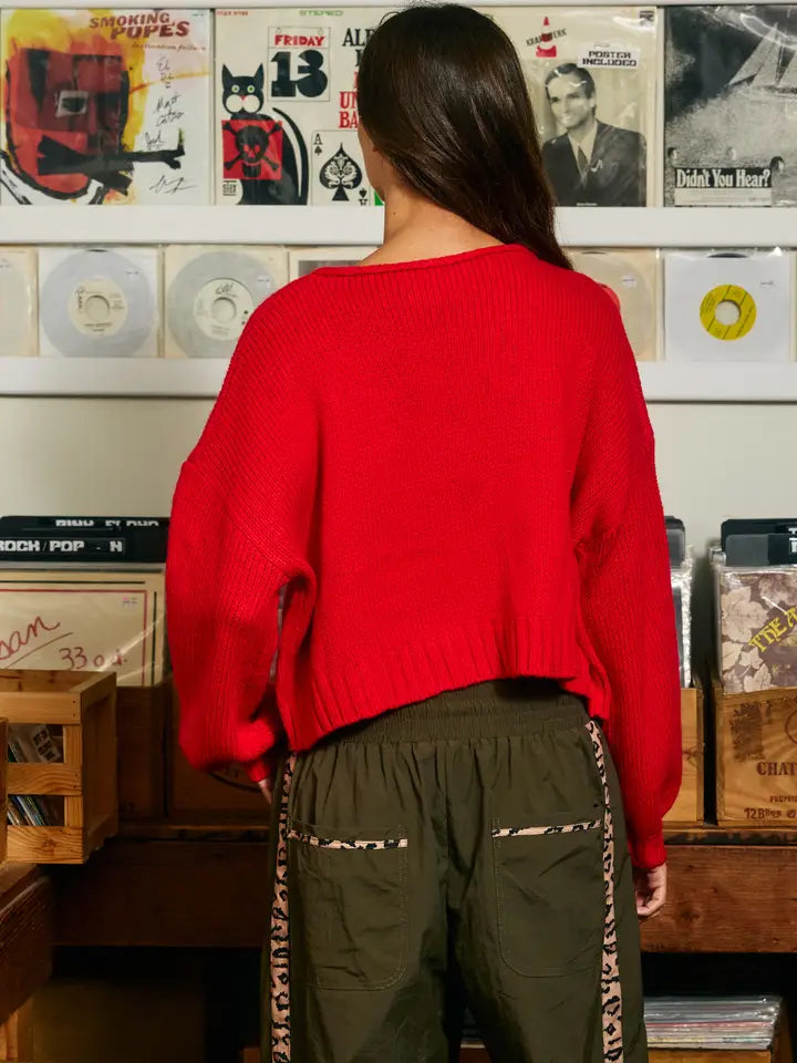 Motif Knit Graphic Chunky Sweater - Red Banana
