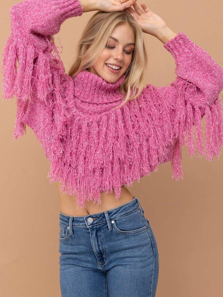 Fringe Cropped Sweater - Pink