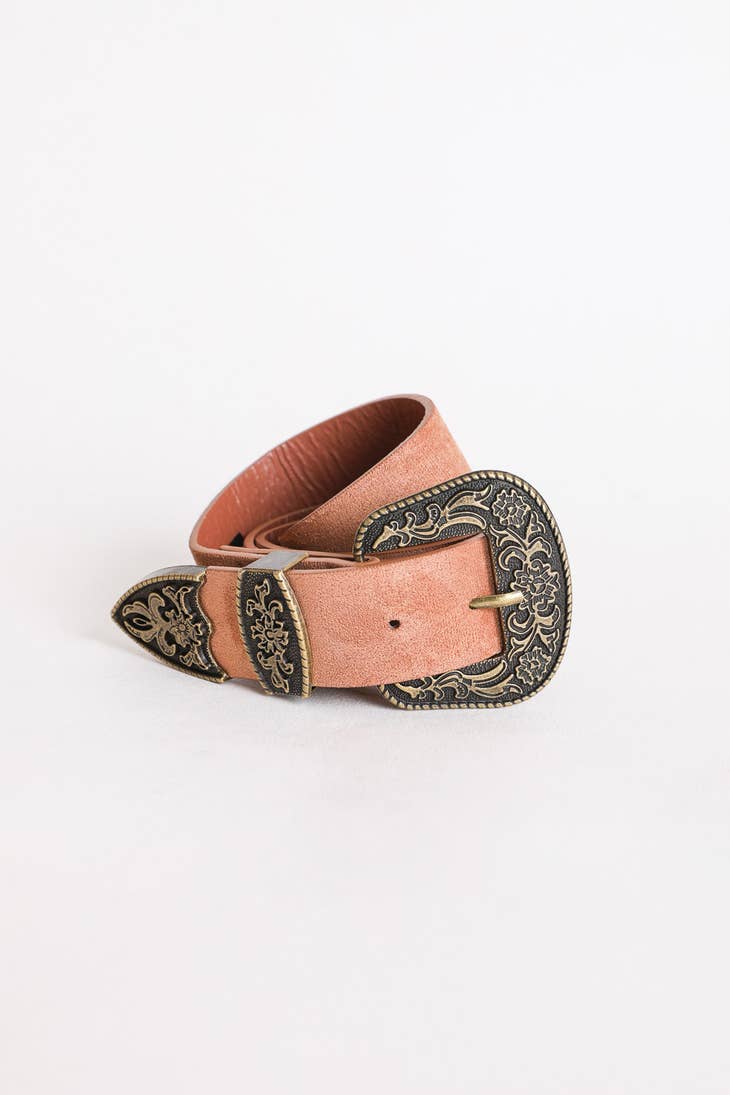 Western Suede Buckle Belt - Camel