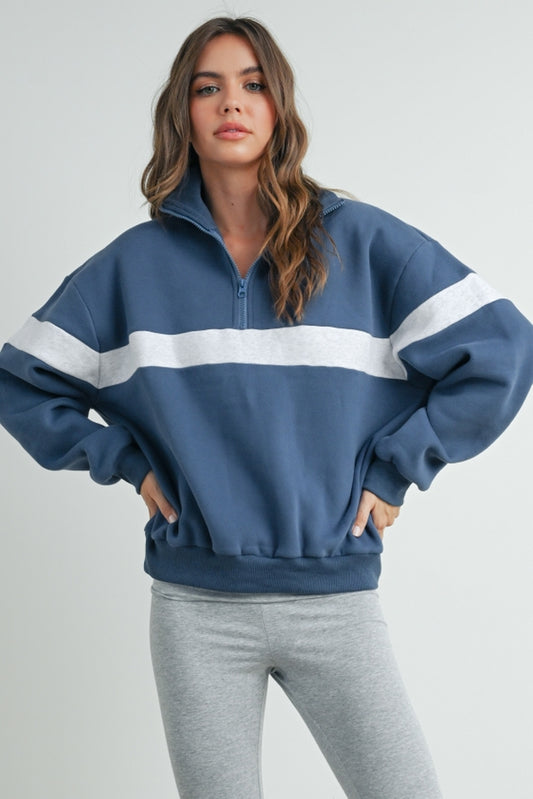 Two-Toned Half Zip Collar Sweatshirt - Navy