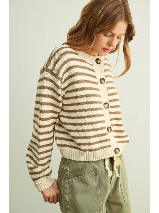 Striped Knitted Cardigan - Mocha/White