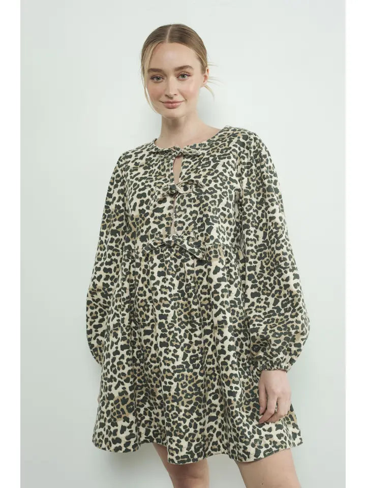 Bow Tie Babydoll Dress - Leopard