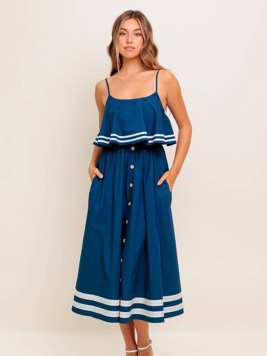 Woven Midi Dress - Navy White