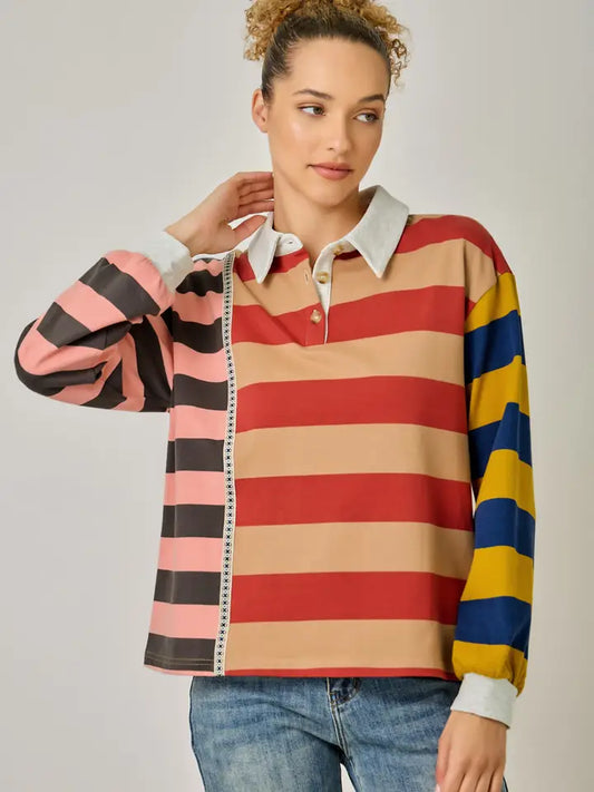 Stripe Color Block Pullover - Pink/Red/Mustard