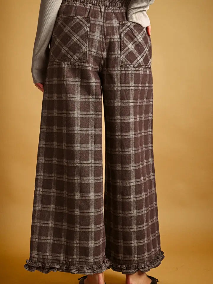 Ruffle Detail Plaid Pants - Chocolate