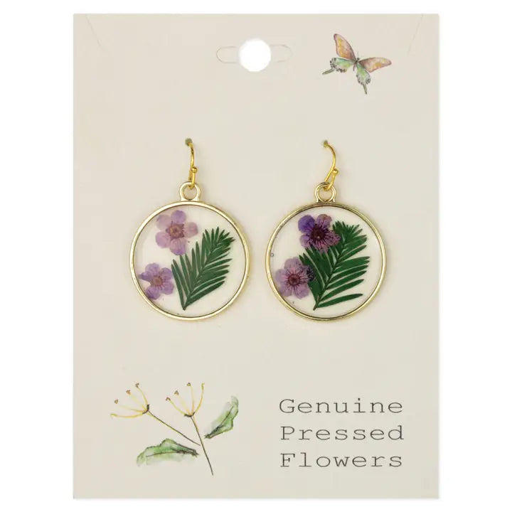 Dried Floral Earrings - Purple Posey Round