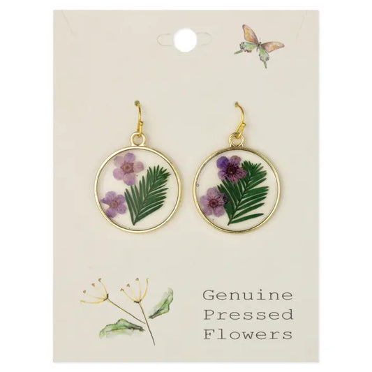 Dried Floral Earrings - Purple Posey Round
