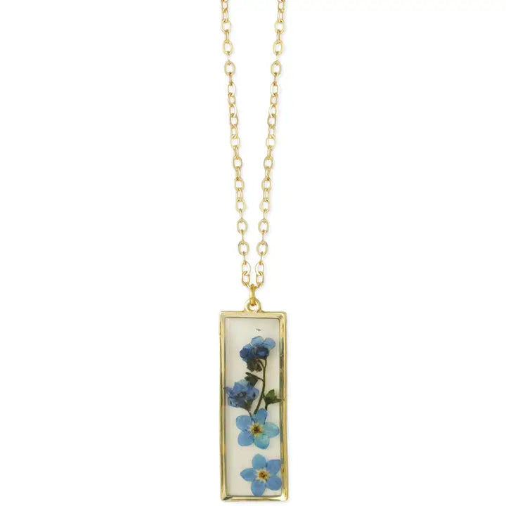 Dried Floral Necklace - Gold Bar Blue