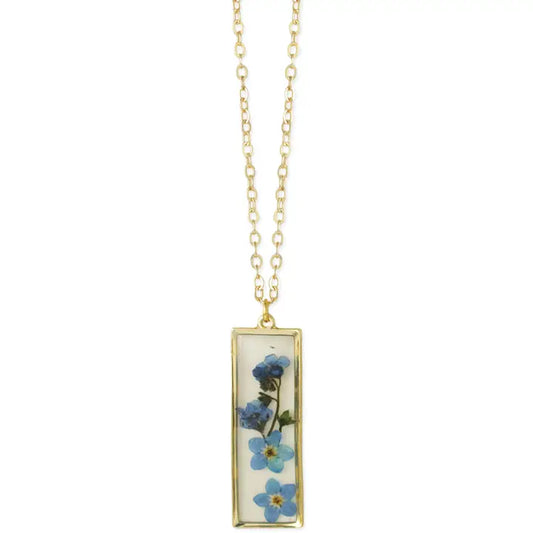 Dried Floral Necklace - Gold Bar Blue