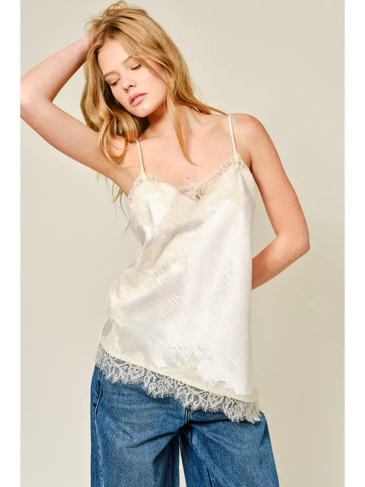 Cut Out Satin Lace Top - Champagne