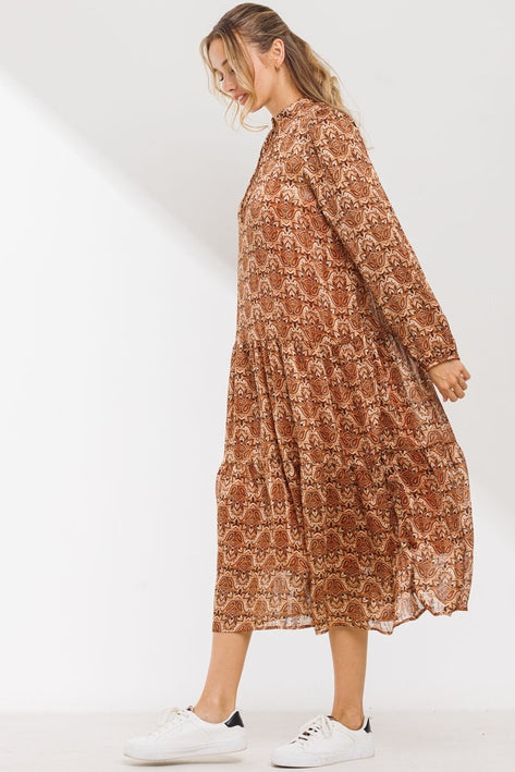 Geometric Printed Long Sleeve Dress - Rust Multi