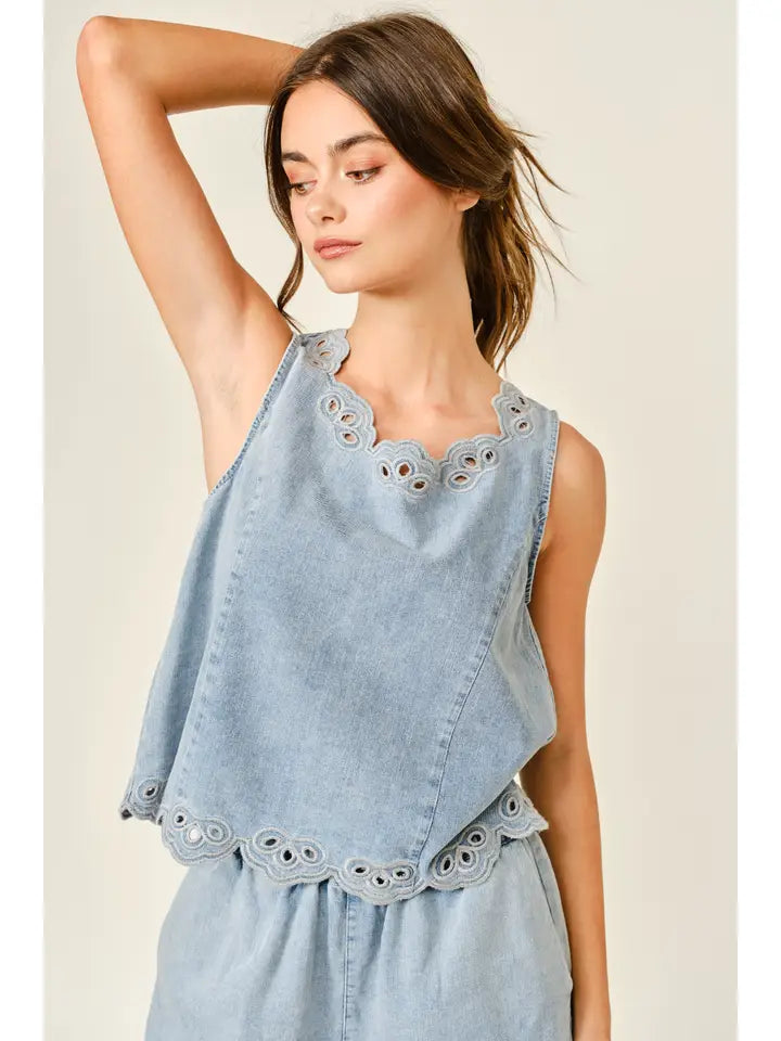 Embroidered Sleeveless Denim Top - Light Denim