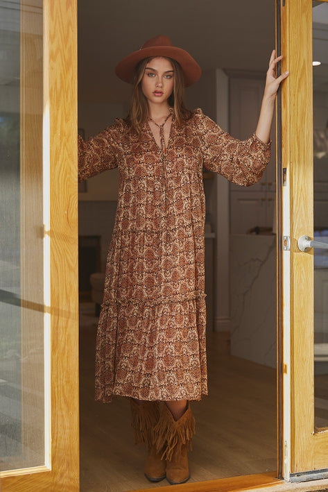Geometric Printed Long Sleeve Dress - Rust Multi