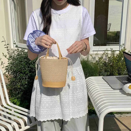 Straw Bucket Bag - Beige