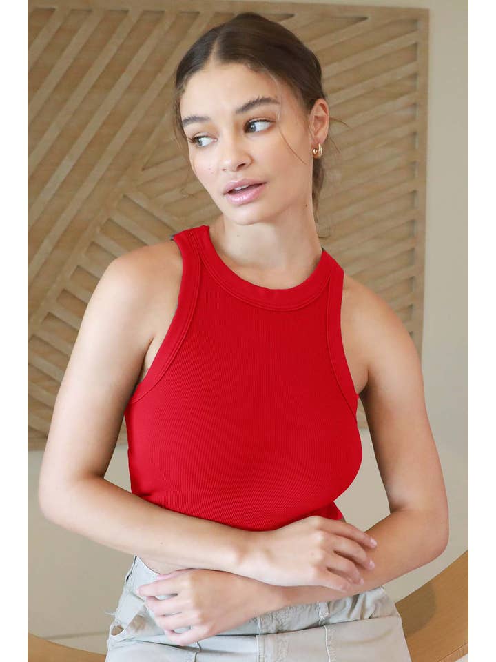 Ribbed Highneck Crop Top - Red