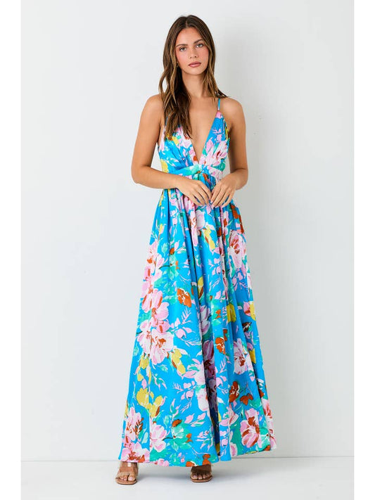 Deep V-Neck Maxi Dress - Blue Multi