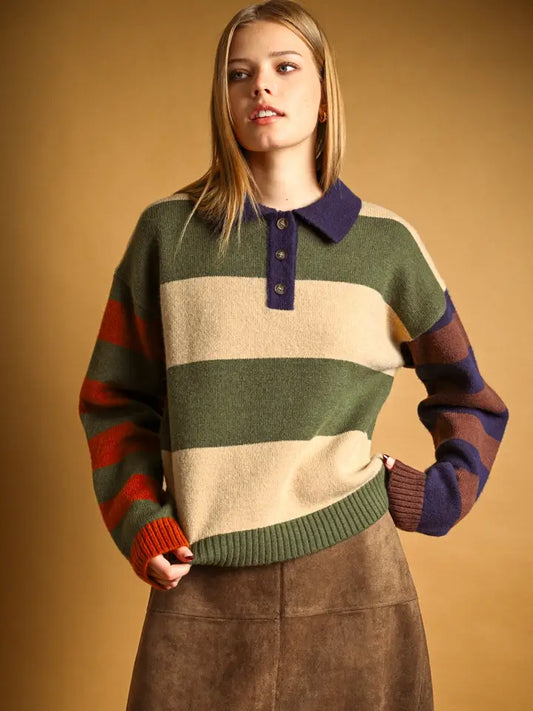Color-Block Polo Sweater - Brown Multi