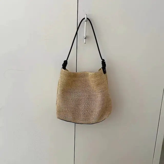 Faux Leather Strap Straw Tote - Black