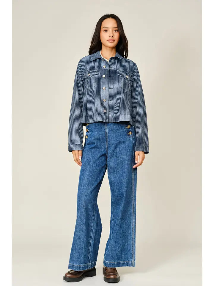 Striped Texture Denim Pleated Jacket - Denim