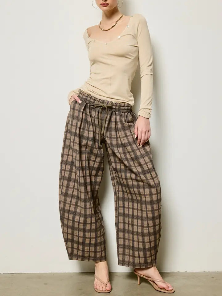 Plaid Barrel Leg Pants - Khaki