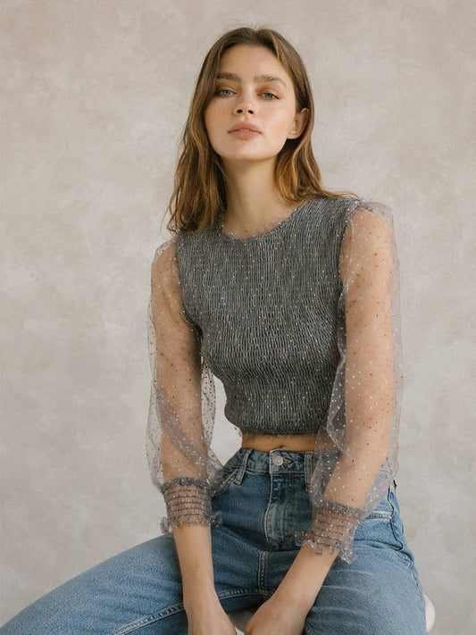 Polka Dot Sparkle Crop Top - Black