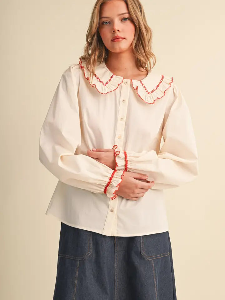 Embroidered Ruffled Doll Collar Button Up Top - Cloud Cream