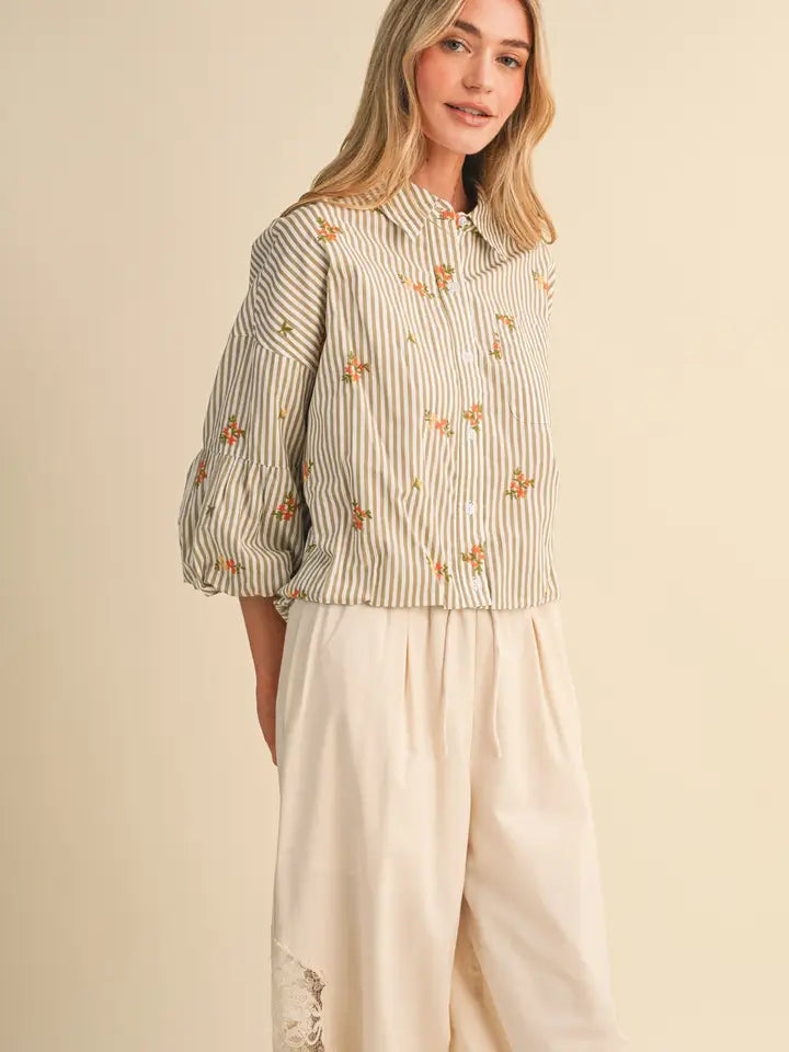 Embroidered Bubble Sleeve Button Down - Sand Stripe Floral