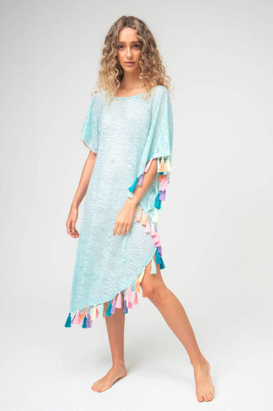 Rainbow Tassel Slit Dress - Aqua